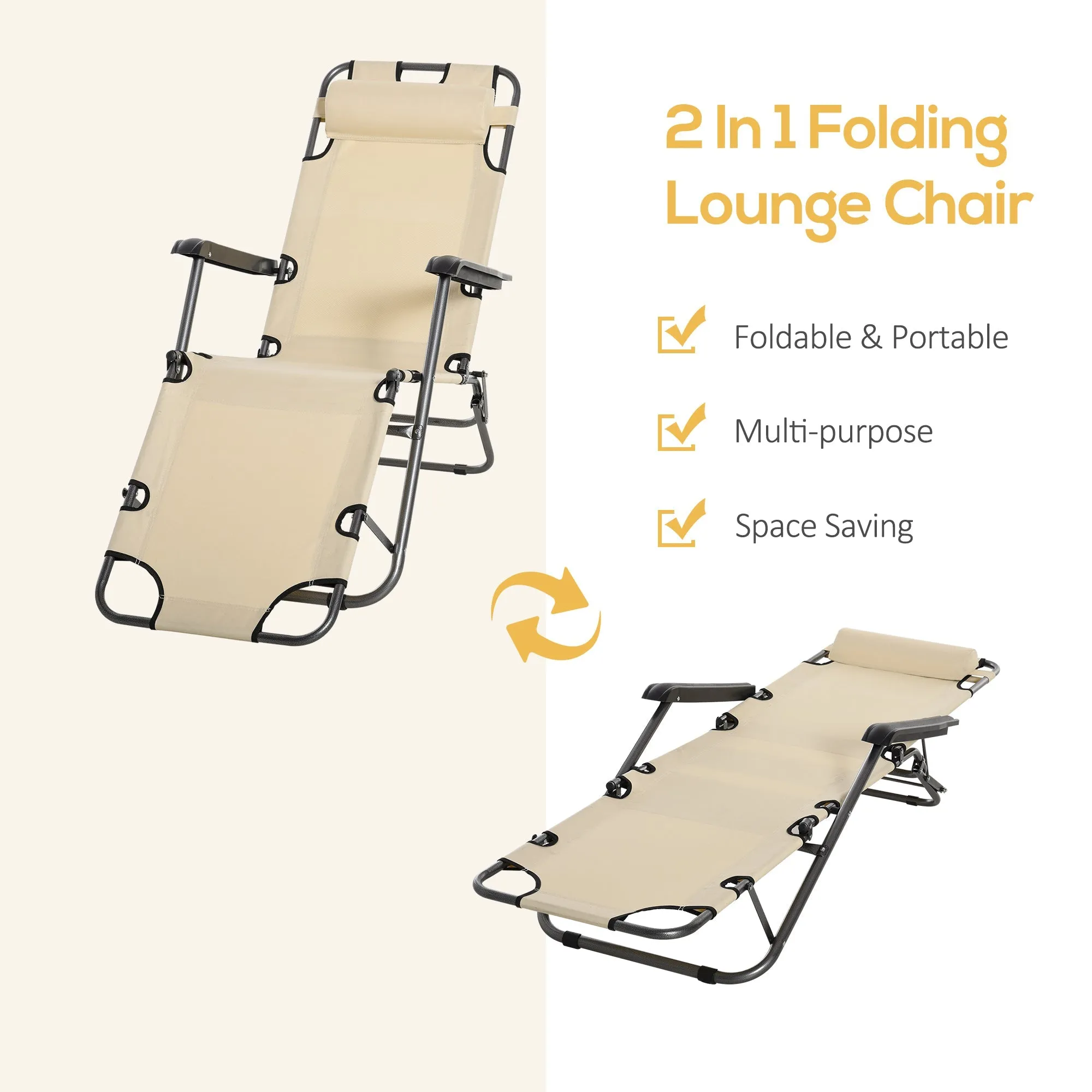 2 in 1 Sun Lounger Folding Reclining Chair Garden Outdoor Camping Adjustable Back with Pillow Beige Chaise Backyard