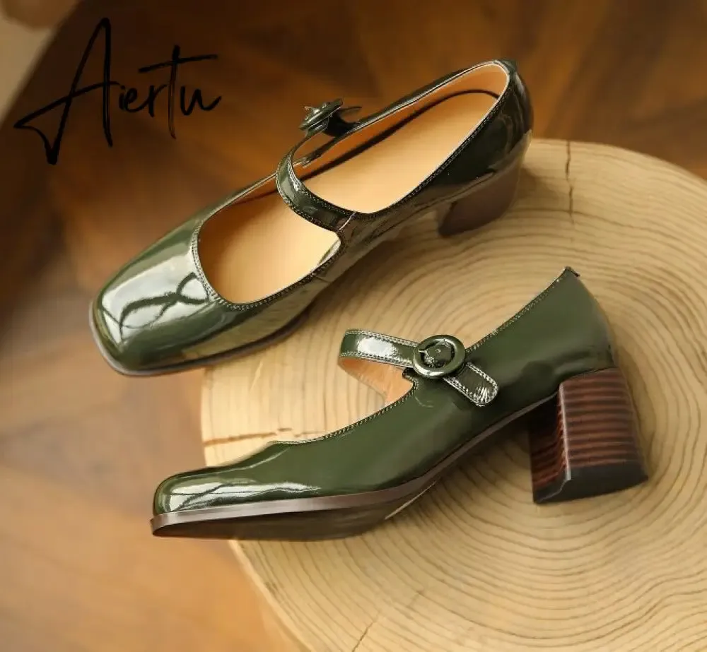 Aiertu Woman‘s New Mary Janes Shoes Genuine Leather Shallow Square Heel Pumps Buckle Strap Round Toe Lady Footwear
