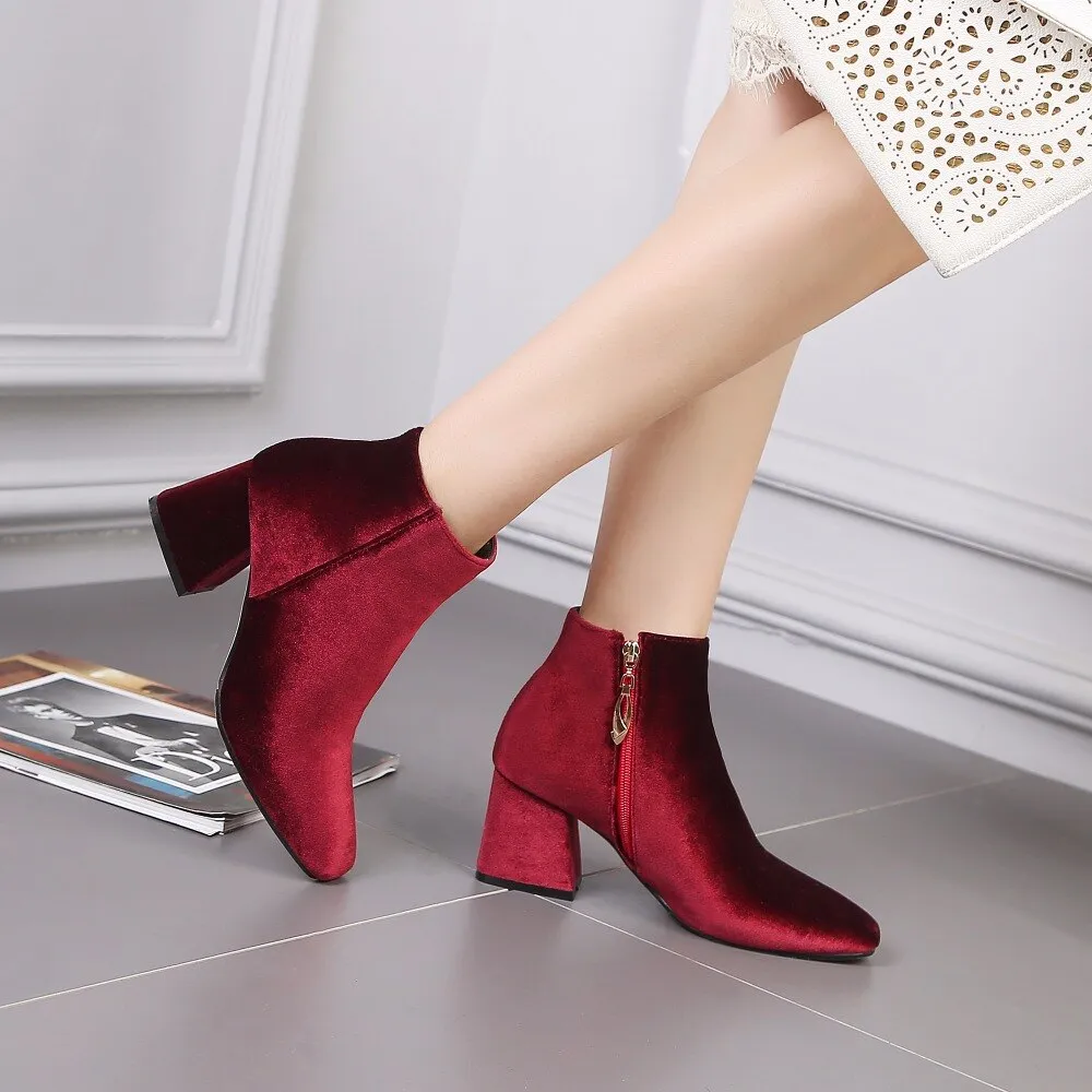 Amozae- Brand Velvet Women's Ankle Boots 2024 Winter Fashion Women Boots Thick Med Heel Short Shoes Woman Large Size Black Red Green